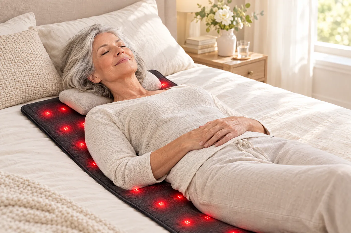 A woman resting peacefully on the red-light therapy mat in bed