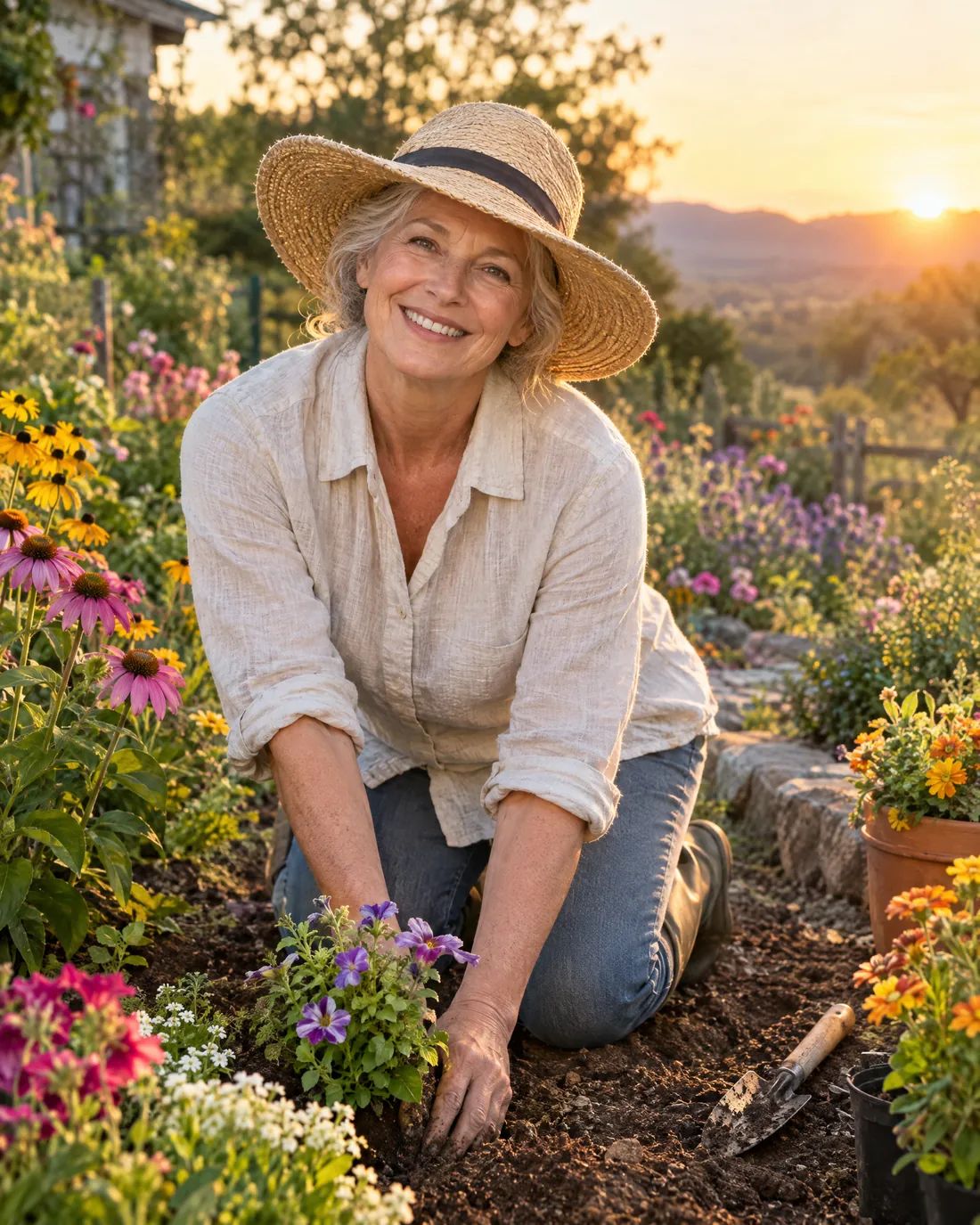 A woman in a sun hat planting flowers in her garden