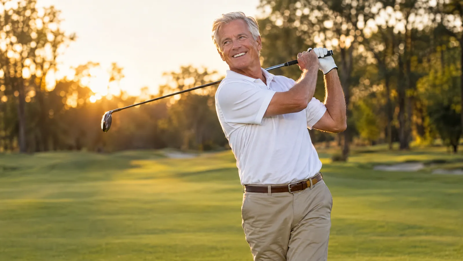 A man in his sixties enjoying a golf swing at sunset